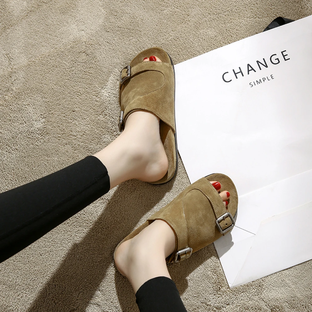 

Women's Suede Buckle Slide Sandals, Adjustable Double Buckle Flat Mules, Open-Toe Casual Footwear for Summer Daily Wear