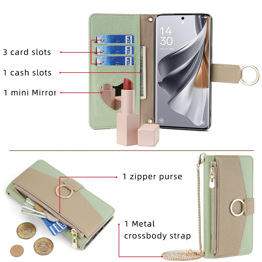 Portafoglio a tracolla Flip Cover in pelle per OPPO Reno 10X Zoom ACE 2 Reno10 9 Pro 8 7 6 Pro Plus 5 4 SE 3 Pro custodia per telefono con specchio