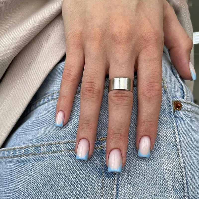 24 Uds. De uñas postizas francesas azules, uñas postizas degradadas rosas, manicura de dedos artificiales brillantes, uñas postizas reutilizables
