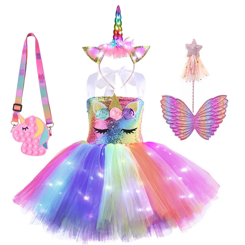 

Purim Girls Unicorn Costume with LED Light Tutu Dress with Wings Sequins Kids Pony Cosplay Jumpsuit for Birthday Party Gift