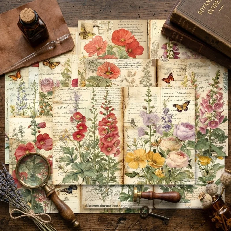 Vintage Botanical Wildflower Butterfly Old Script Print 6x6 Scrapbook Paper Pad Cardstock DIY Journal Craft Album Handmade Decor