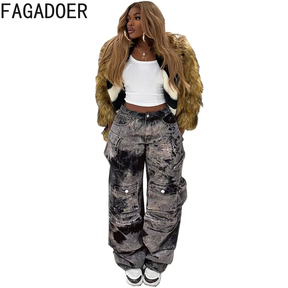 Imagem -04 - Fagadoer-calças Jeans Largas para Mulheres Cintura Alta Botão Jean Reto Calças de Vaqueiro de Bolso Tendência Casual Feminina da Moda