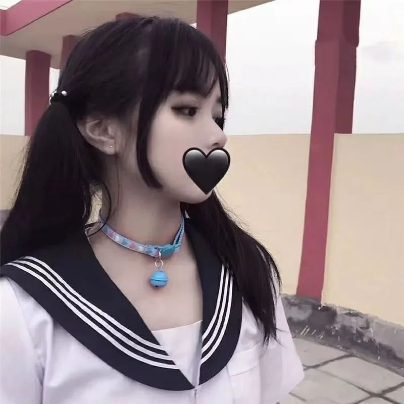 Y2k Lolita Girls Cute Cartoon Heart Print Small Bell Necklace JK Uniform Cos Maid Kawaii Chokers Women Punk Torques Jewelry Gift