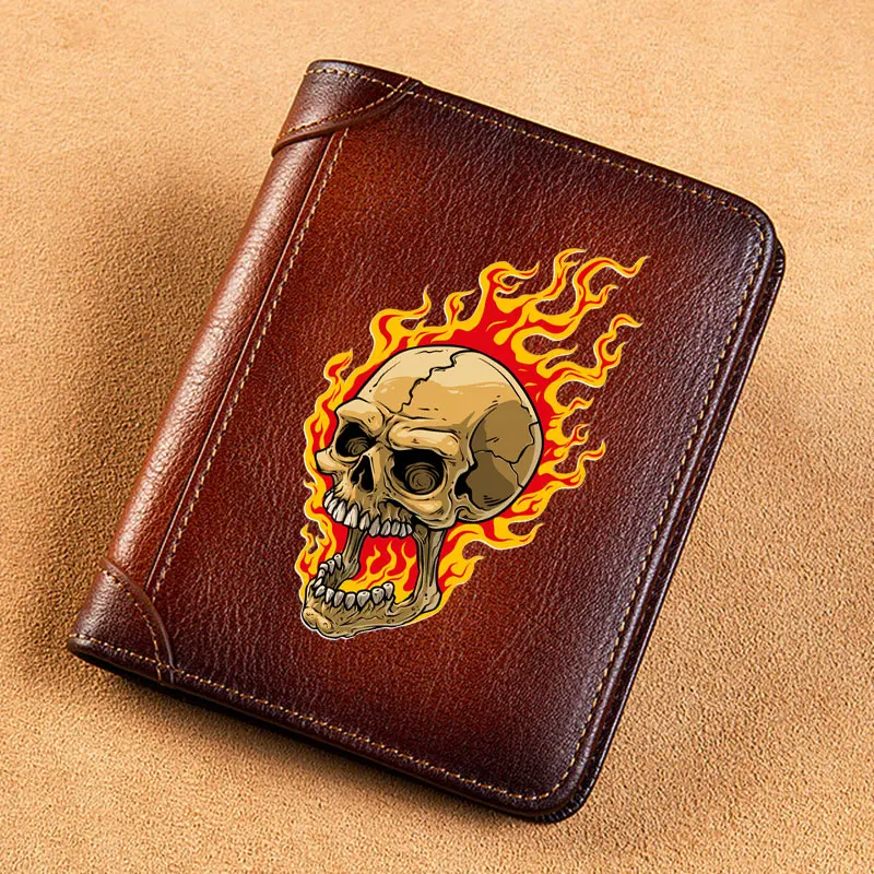 

High Quality Genuine Leather Wallet Steampunk Fire Skull Printing Standard Purse BK404