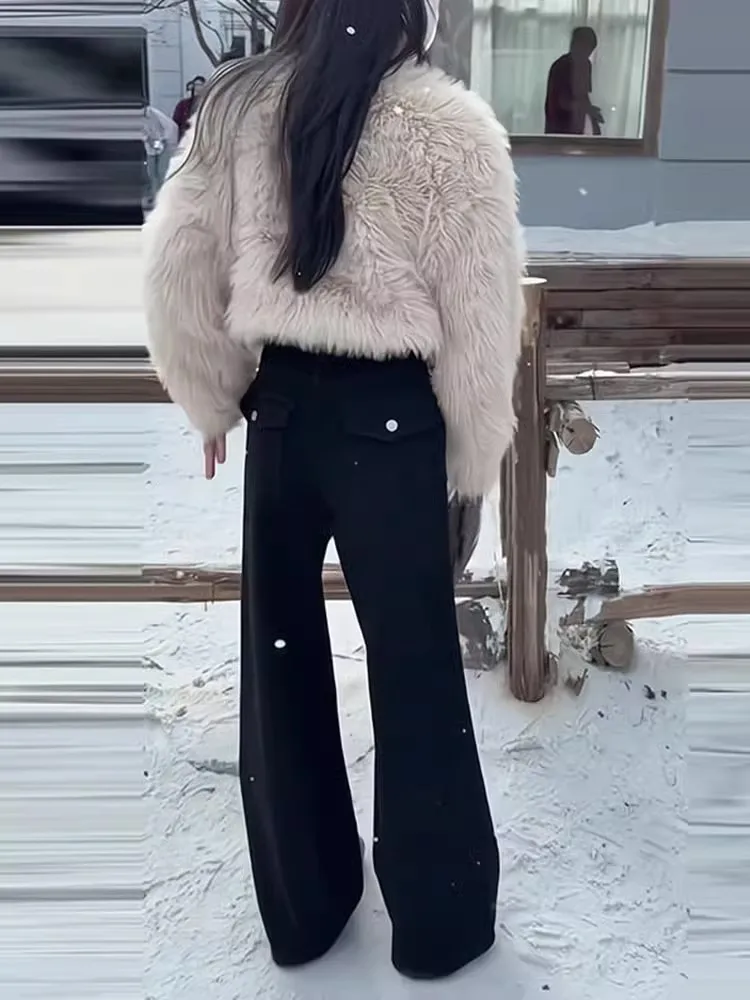 جينز غير رسمي مضيئة السراويل عالية الخصر أسود واسعة الساق بنطلون فضفاض صالح الخريف الشتاء نمط جديد مستقيم السراويل الطويلة للنساء