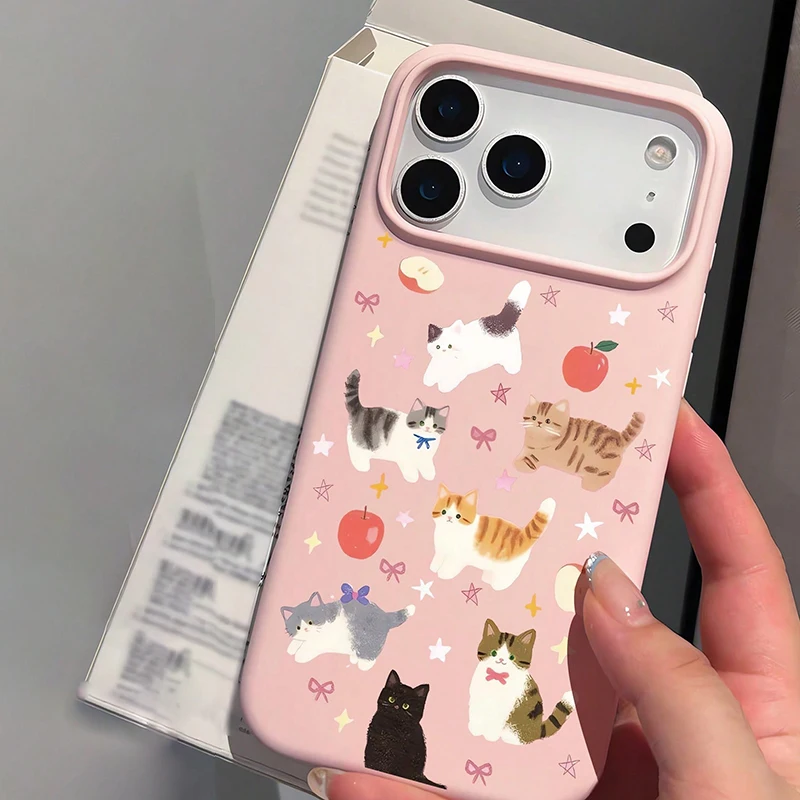 Niedliches Sternfrucht-Katzenmuster Stoßfeste Hellrosa Silikon-Handyhülle für iPhone 17 16 15 14 13 12 11 Pro Max 16 Plus Air Cover