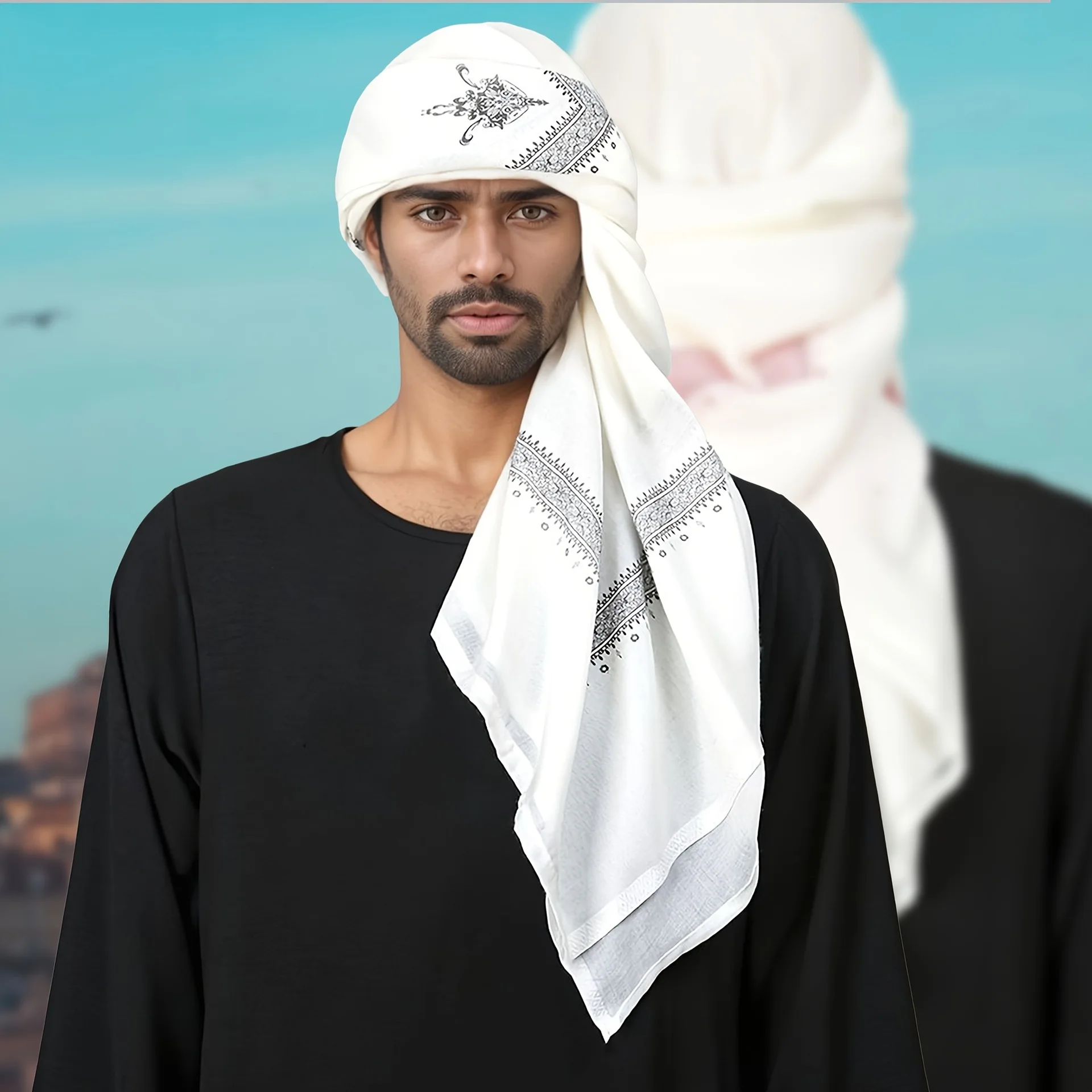 

New Men's Border Printed Square Scarf Traditional Ethnic Islamic Headwear Turban Wrap