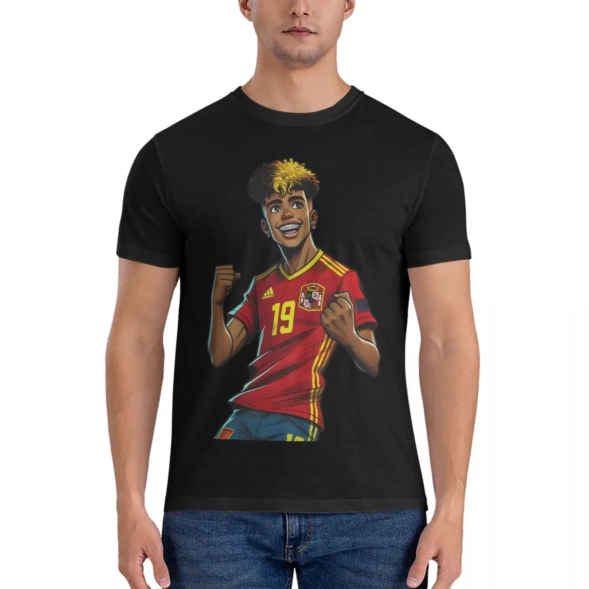 Men T-Shirts Comic Football Player Vintage Pure Cotton Tees Short Sleeve Lamine Yamal T Shirts Crew Neck Clothes Printed