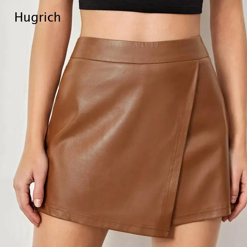 Brown High Waist Wrap Overlap Front Faux Leather Skort Women Stitch Detail 2 In 1 Skirt Shorts Pu Mini Skort Daily Office