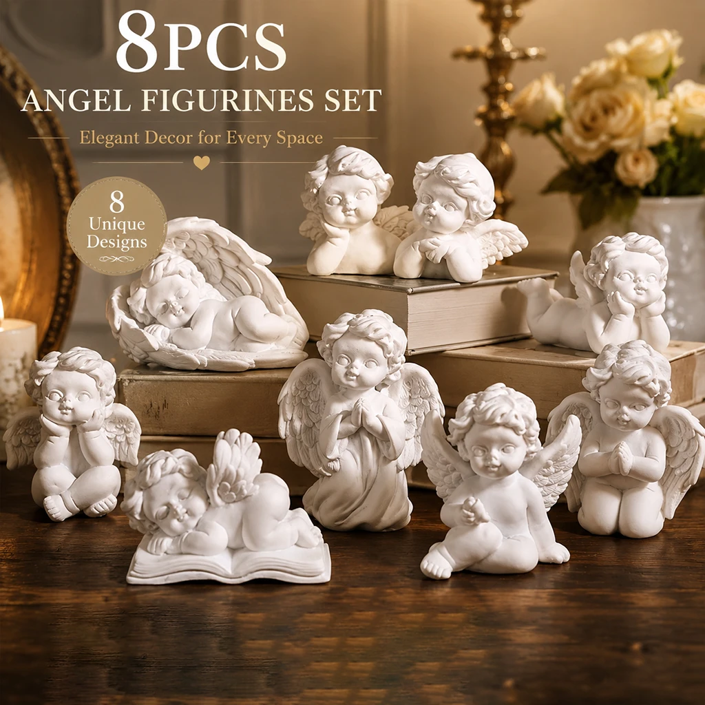 8PCS White Cherub Angel Figurines Set Resin Statue Cute Baby Angel Ornaments European Home Decor Shelf Table Decoration Gift view 2