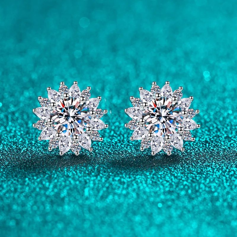 

100% 925 Sterling Silver 2.0 Ct Moissanite Stone Sunflower Shape Studs Earrings For Simulated Diamond Fine Jewelry Wedding Party