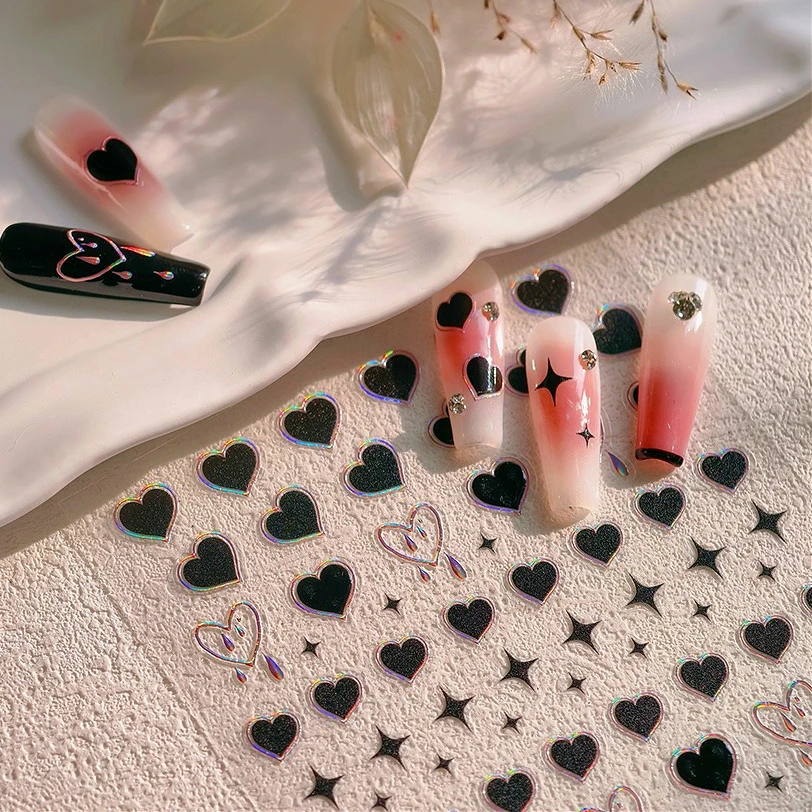 สีดํา Punk Star Heart เลเซอร์จังหวะ Dark ลมเซ็กซี่หยดน้ํากาวที่ละเอียดอ่อนตกแต่งเล็บสติ๊กเกอร์เล็บ Decals