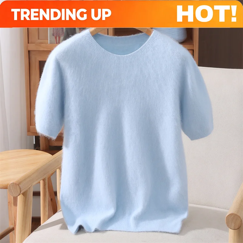 Customization Spring And Summer Women's 100% Mink Cashmere Knitted T-Shirt Loose O-Neck Short-Sleeved Solid Color Casual Fashion