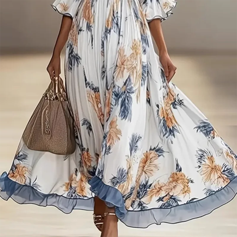 Fashion Print Splicing Mesh Long Dresses Woman Sexy Deep V Neck High Waist Swing Maxi Dress Autumn Half Sleeve Ruffle Boho Dress