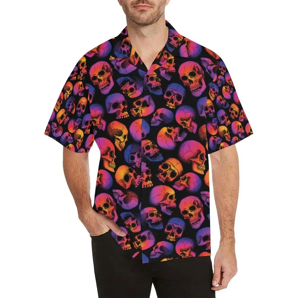 Novas camisas masculinas dinossauro esqueleto pintura manga curta aloha camisas estilo cubano verão plus size férias praia