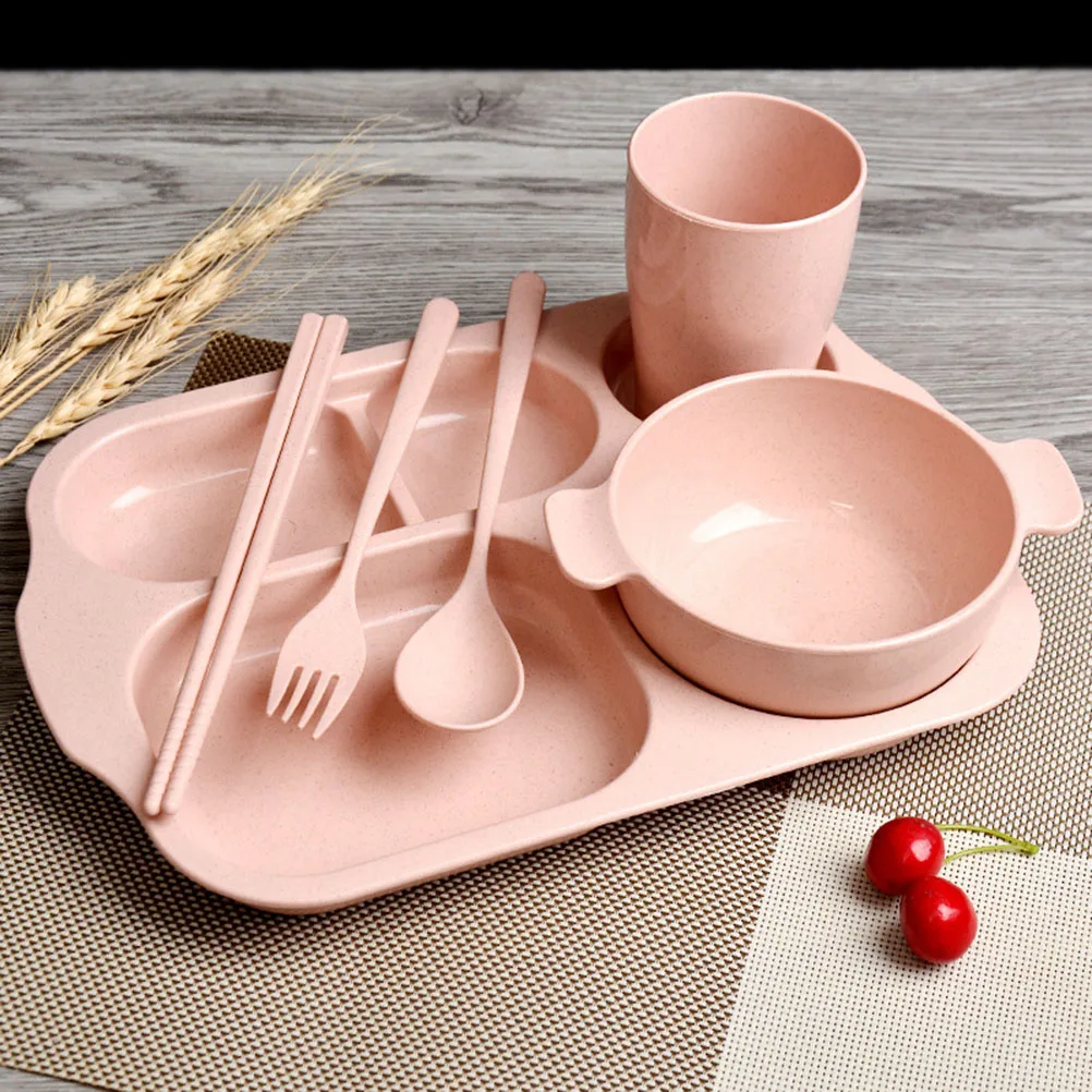 

6Pcs Eco-Friendly Wheat Straw Tableware Set Unbreakable Children Dinnerware Plate Bowl Cup Spoon Fork Chopsticks Red
