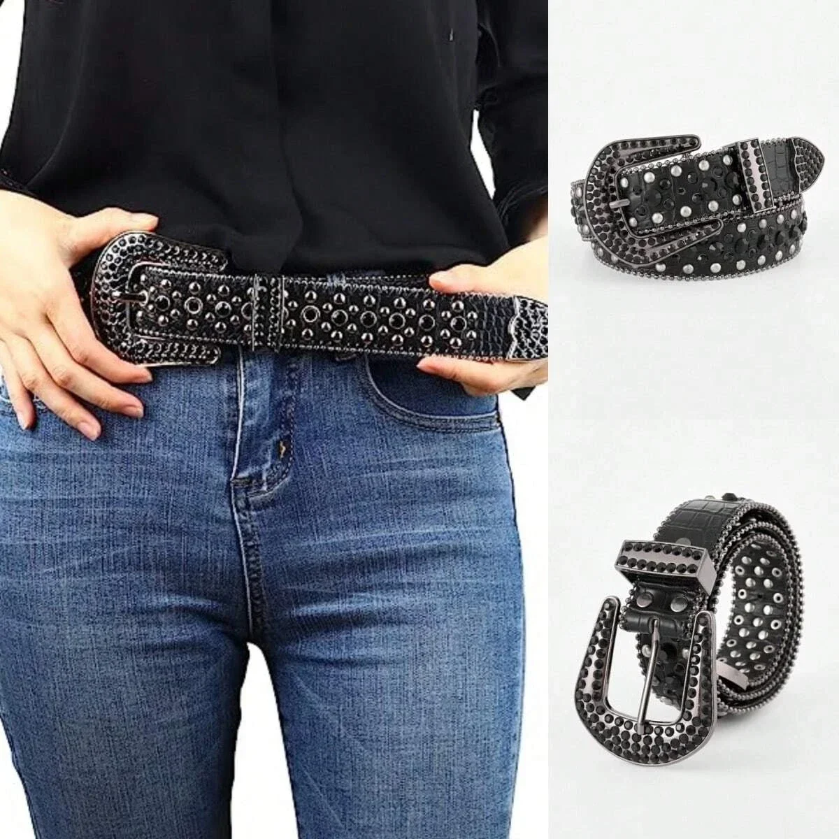 Women Black Punk Pebbled Rhinestone Denim Rock Y2k Fashion Rivet-Studded Rhinestone Belt Jeans With Versatile Matching Belt