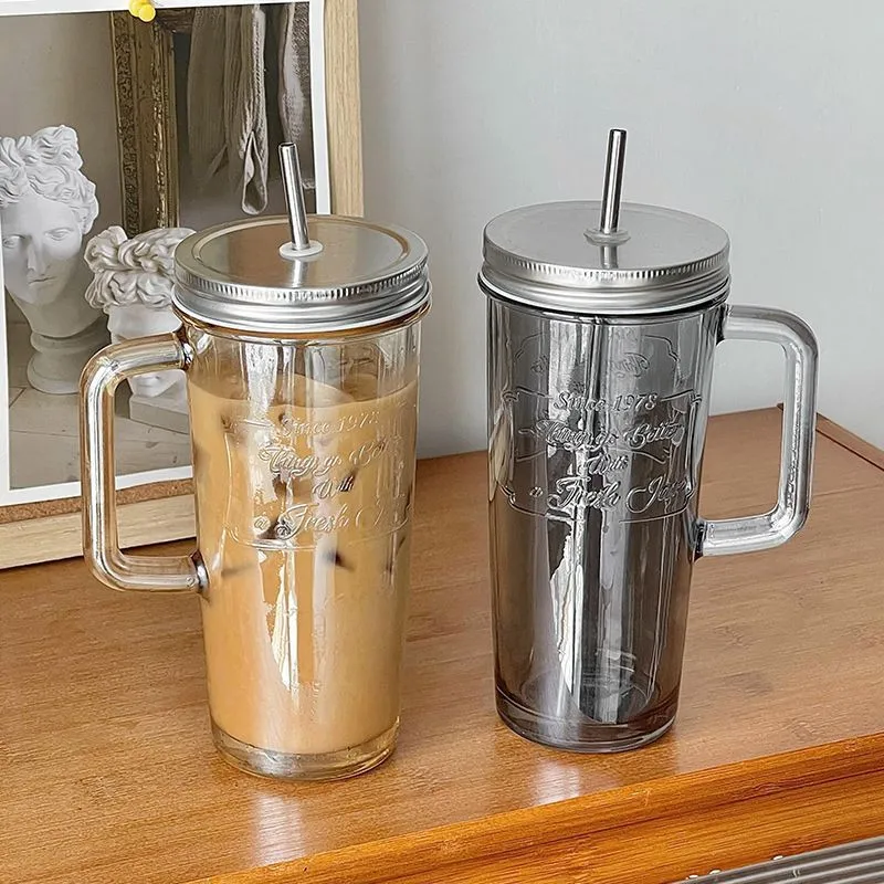 High-capacity 580ml Glass Coffee Mug with Safety Stainless Steel Straw and Lid Sealing Cover Home Drinks Glass Cup with Handle