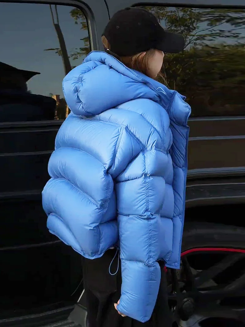 

Blue Cloud Puff White Duck down Jacket Women's Short Style Casual Loose Fit Warmth Hooded Coat Eco-Friendly Nylon Inner Sleeve