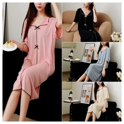 Women Summer One Piece Dress With Bow V-neck Short Sleeve Long Skirt Thin Loose Solid Elastic Soft Free Size Cute NightdressGirl
