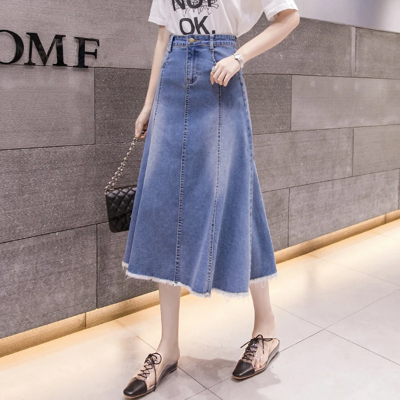 Summer Spring Fashion Mid Long Denim Skirt Women Retro Chic Swing High Waist Vertical Strip Slim Jean Skirts A-line Streetwear