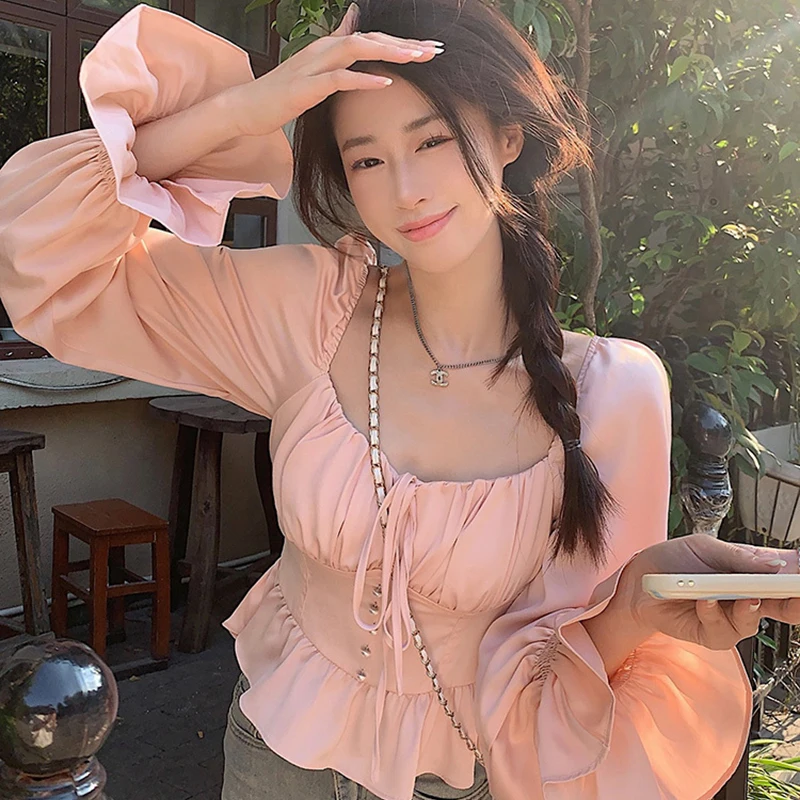 Petal Sleeve Shirts and Blouses Korea Square Collar Elegant and Youth Woman Blouses Female Top Long Sleeve Autumn Clothes 2024