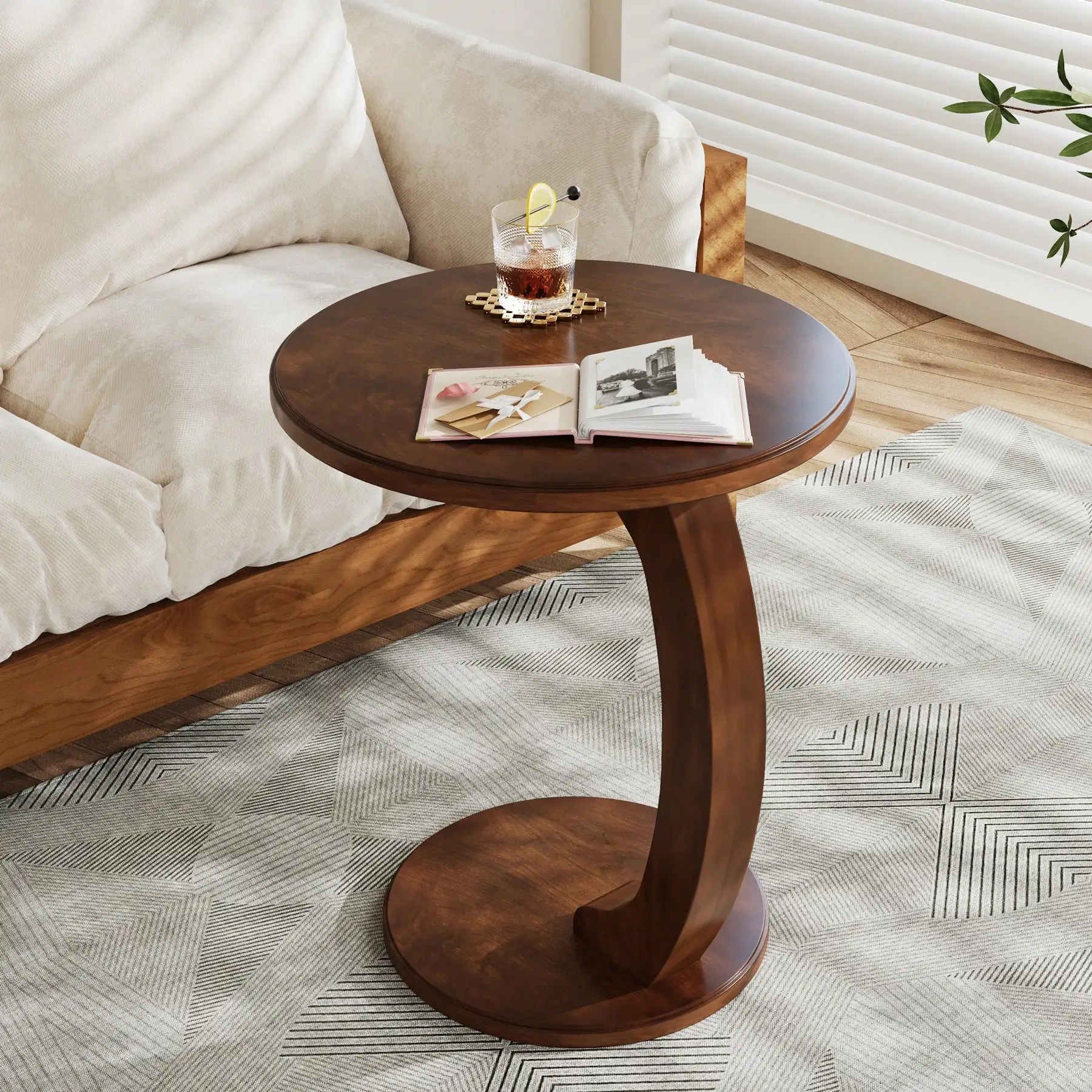 Solid Wood Round End Table, C-Shaped Heavy-Duty Side Table, Mid-Century Couch Sofa Table For Living Room