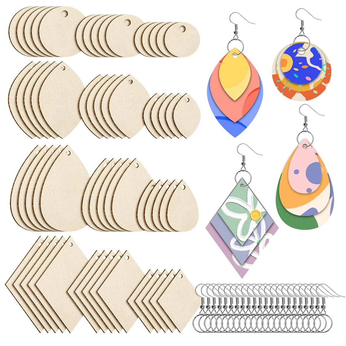 120Pieces Unfinished Wooden Earrings Blank Wood for Earring 4 Shapes for Wooden Earring with Earring Hooks & Jump Rings