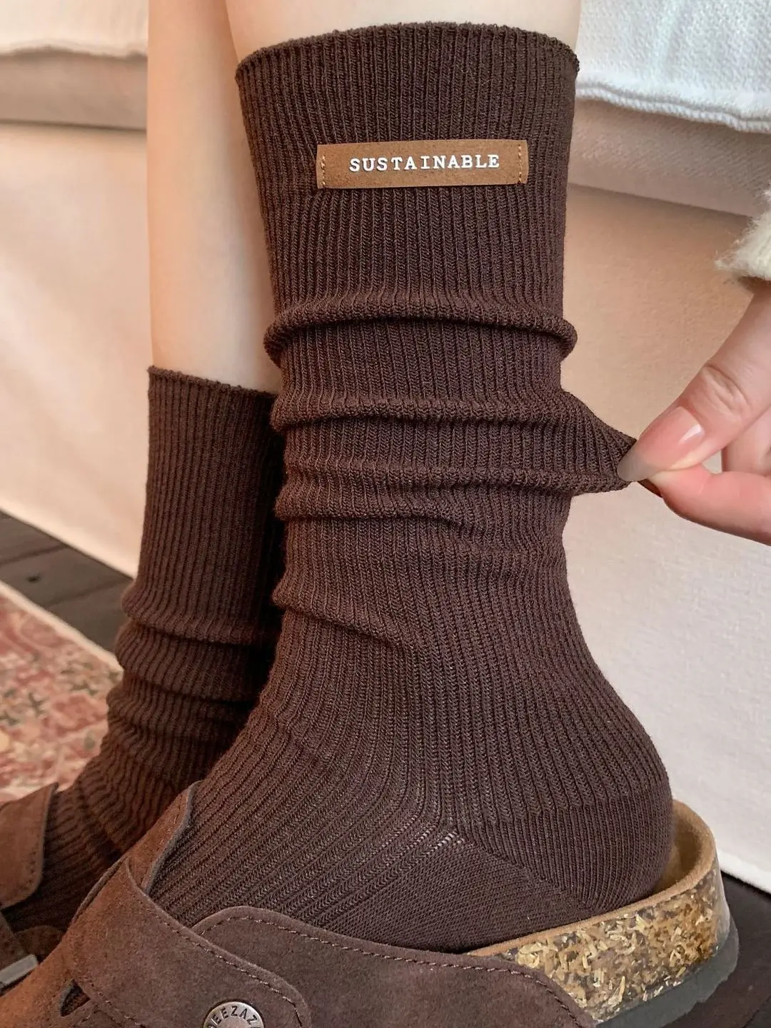Caramel Colored Mid-Calf Thick Warm Socks for Women Simple Style Long Socks Matching with  Shoes Winter Essential