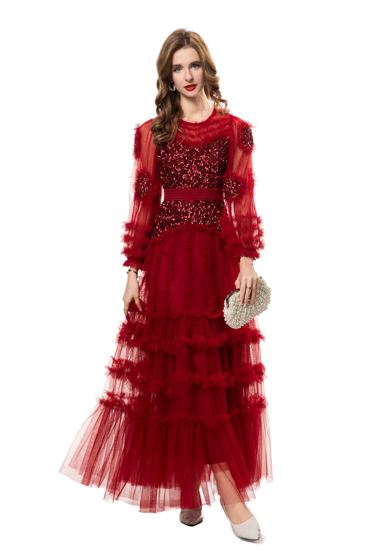 ชุดสตรี O คอแขนยาว Appliques Tiered Ruffles Sequined Elegant Designer ชุดราตรีชุดราตรี