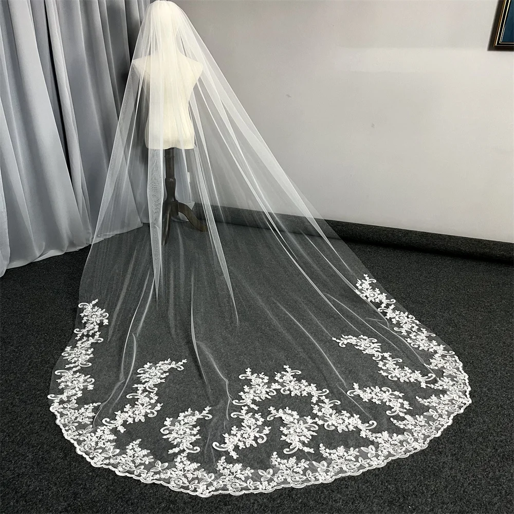 Real Photos Floral Wedding Veil Single Layer 3m Long Bridal Veil with Comb Ivory Cathedral Veil Wedding Accessories