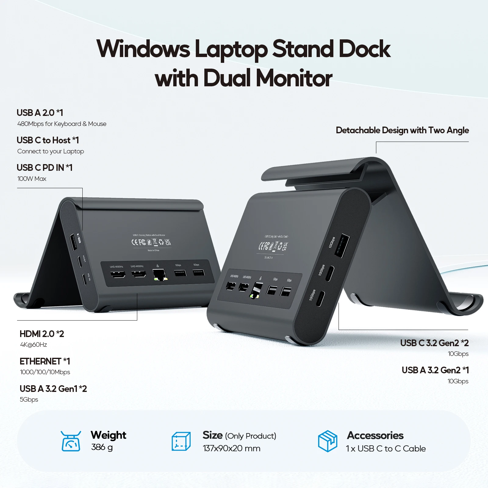 PULWTOP 10-in-1 USB C Hub with 2X 4K@60Hz HDMI, USB-C/A 10Gbps, USB-A 5Gbps, Vertical Stand for Surface Pro & Windows Laptops
