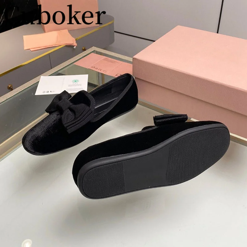 2024 Spring Velvet Flat Black Women\'s slippers Round Toe Bow tie Mules Women Slippers Casual Non slip Home Loafers for Women