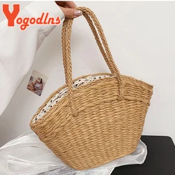 Summer New Straw Bag Women Woven Rattan Handbag Drawstring Handle Bag Large Capacity Hollow Tote Bag Shopping Basket Ba