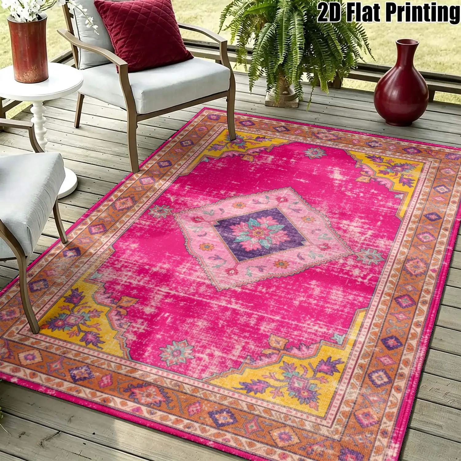 1Pc 2D Printed Retro Bohemian Rose Red Carpet: Versatile for Multi-Scenes, Machine Washable, Various Sizes