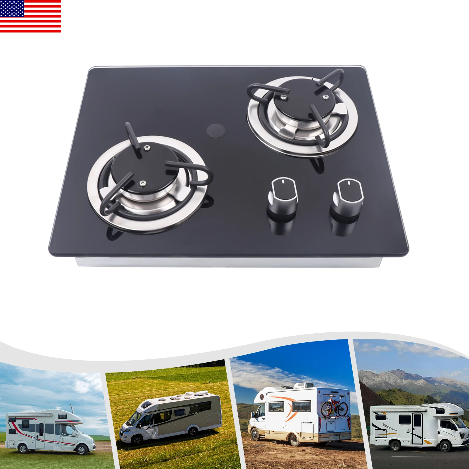 موقد غاز RV موقد غاز 2 شعلات 2*1.8KW قوة الزجاج المقسى لوحة غاز كوك العلوي لتخييم القافلة