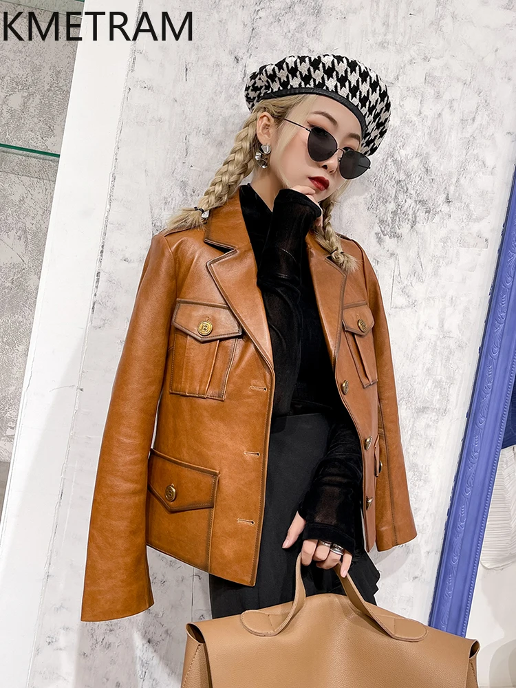 100% Oil Wax Sheepskin Jacket Woman Vintage Yellow Genuine Leather Jackets Women Motorcycle Outerwears Fall Clothes 2025 кожанка