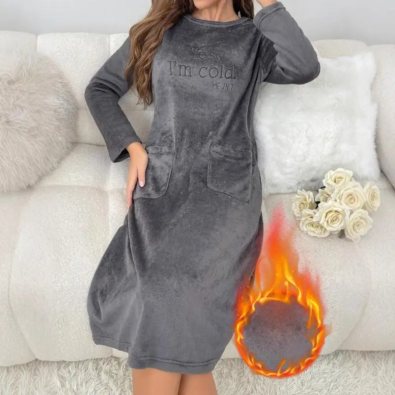 

Soft Warm Long Sleeve Fleece Women's Home Dress Velvet Nightgown Home Clothing Pure Color Bathrobe Autumn Winter Pajamas