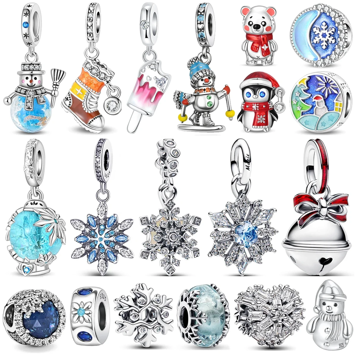 

Snowflake Snowman Pendant Charms 925 Sterling Silver Penguin Bells Winter Ice Crystal Polar Bear Beads Bracelets Parts Necklaces