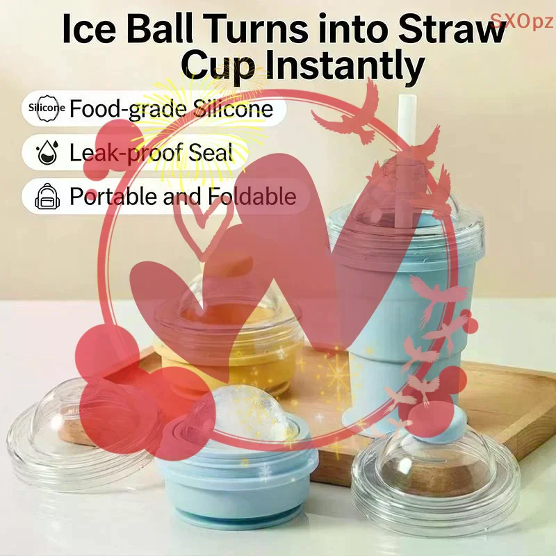 2026New Portable Foldable Ice Ball Cup With Built-in Straw Food-Grade Silicone Ice Maker Mold Summer Outdoor Travel Tumbler