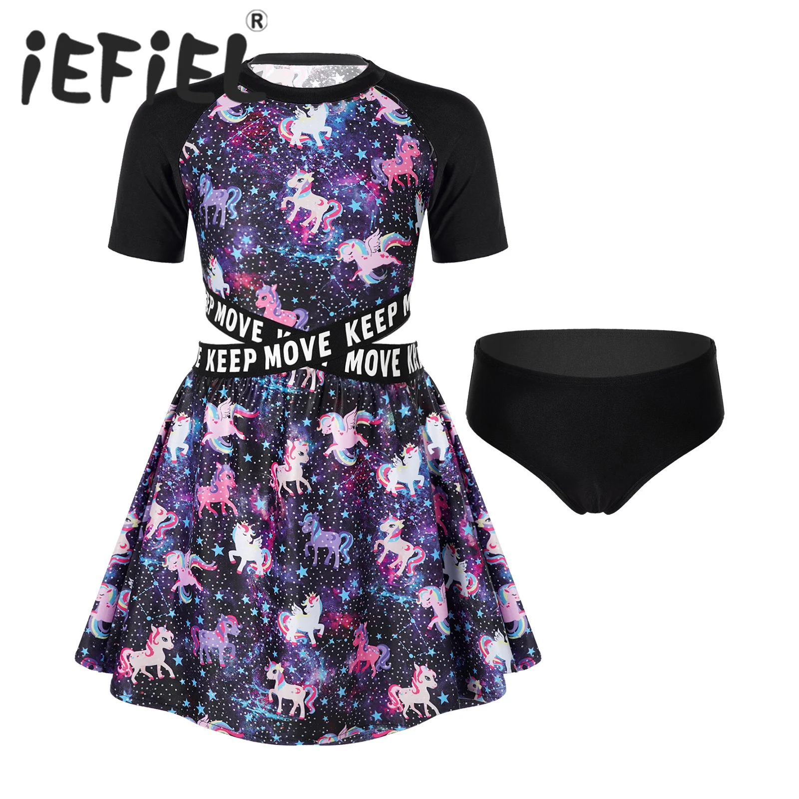 

Kids Girls Swimsuits Beachwear Dress Cartoon Horse Print Hollow Out Swimming Dress with Underwear Beach Bathing Suits Swimwear