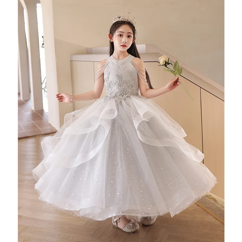 Luxurious grey Flower Sequin bead Sleeveless girl Dresses kids dance party gauze dress For Weding Birthday Banquet Long Gown