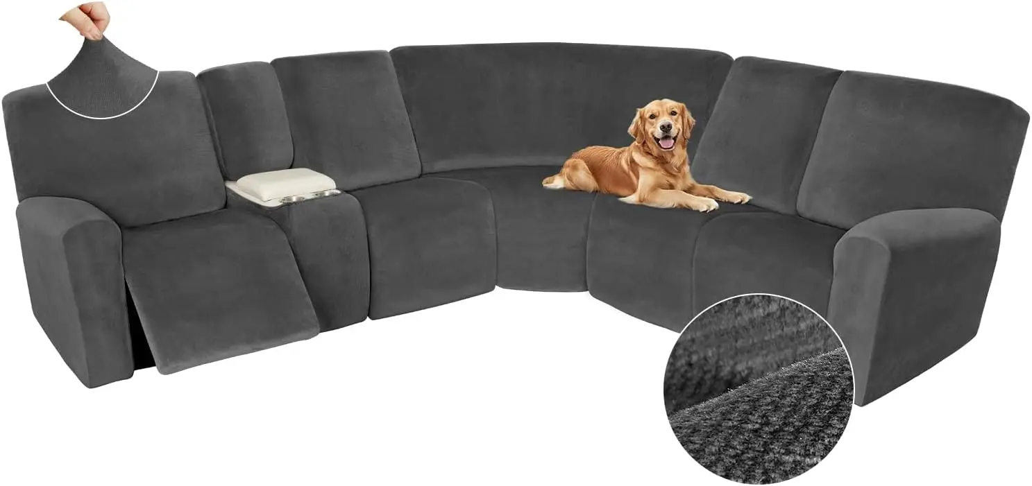 velvet sectional recliner cover stretch washable thick l shape 5 seat console charcoal gray sofa