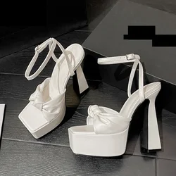 Eilyken Designer Pleated Square Toe Sandals Women's Banquet Party High Heels Shoes Fashion Platform Buckle Strap Pumps