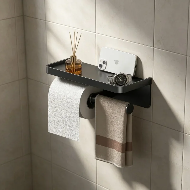 

Household Washroom Wall Mount Aluminum Storage Rack Toilet Paper Shelf Store Roll Paper Phone Towel Bathroom Accessory Holder