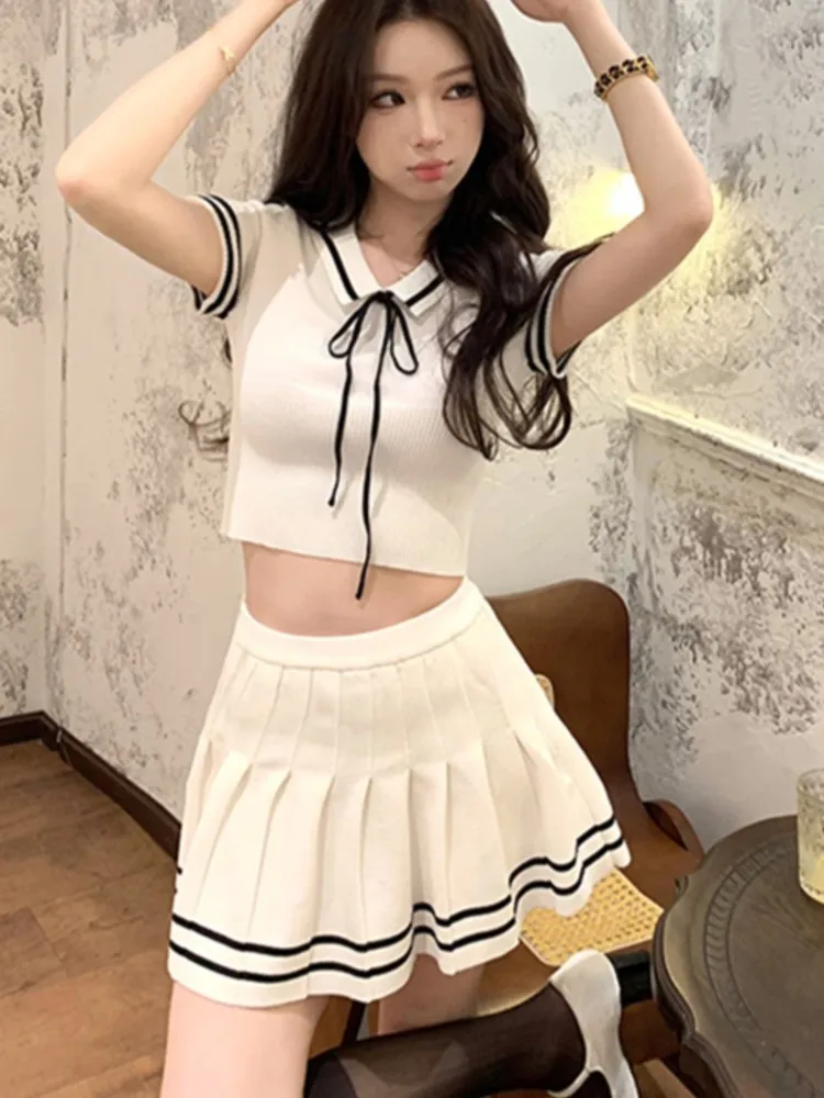 Korean Fashion Knitted Two-piece Set Women Short Sleeve Patchwork Cropped Top Pleated Mini Skirt Preppy Style Outfits New