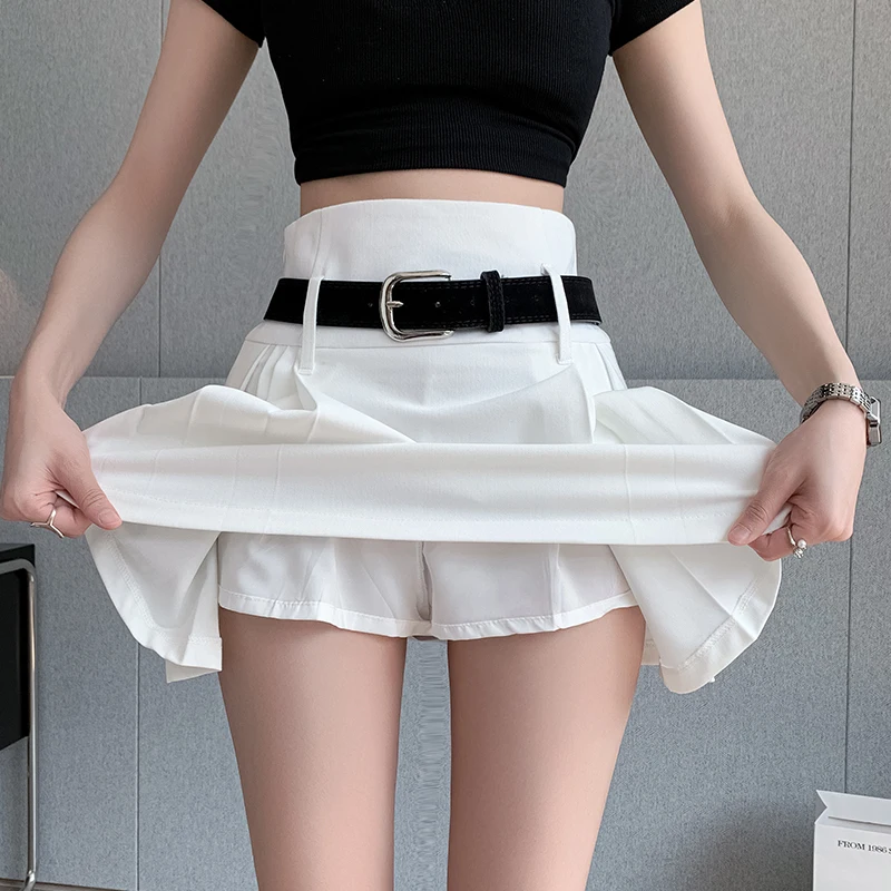 White Gray Casual Summer Women Short Skirts With Belt 2023 Preppy Style High Waist Falda Kawaii JK Mini Saias Girls