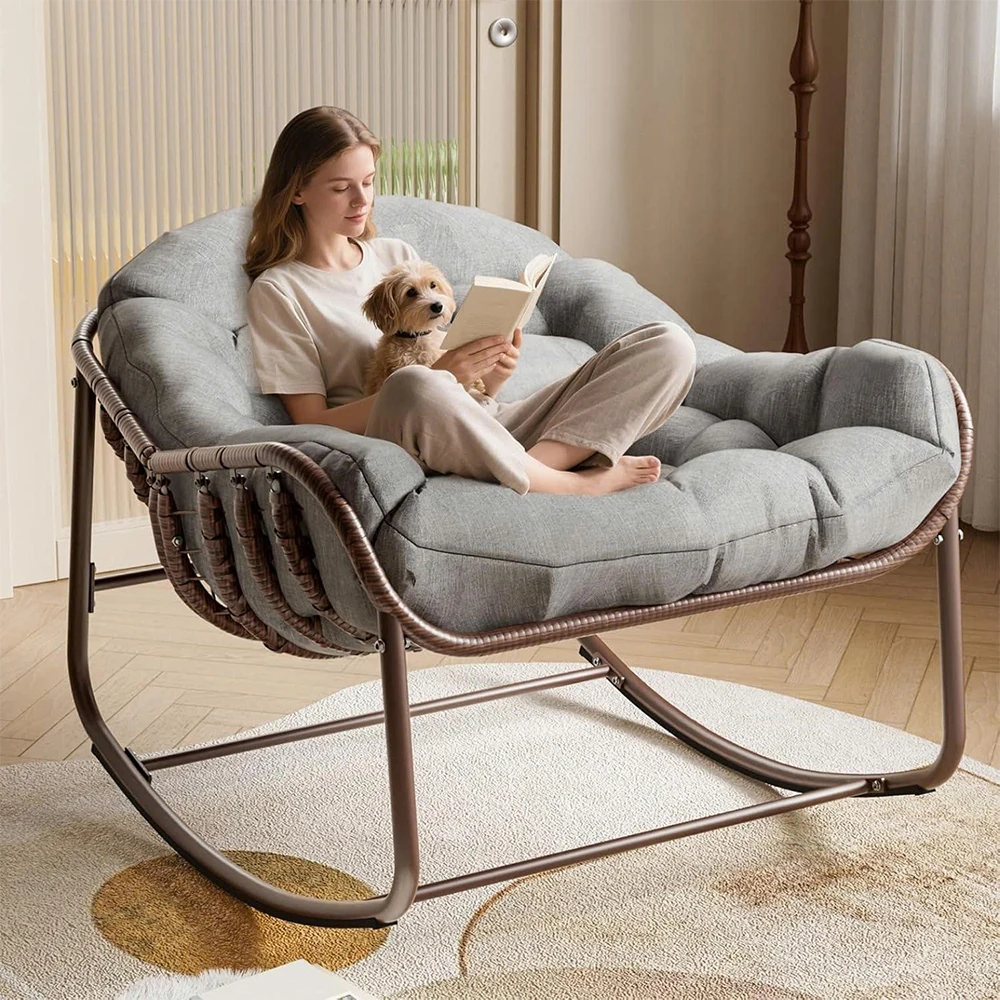 Oversized Papasan Rocking  Chair with Upholstered Cushion and Metal Frame for Living Room, Bedroom and Hotel