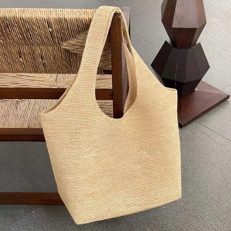 

Минималистичная сумка-ведро из абрикосовой рафии, вместительная плетеная сумка через плечо, универсальная пляжная сумка для женщин