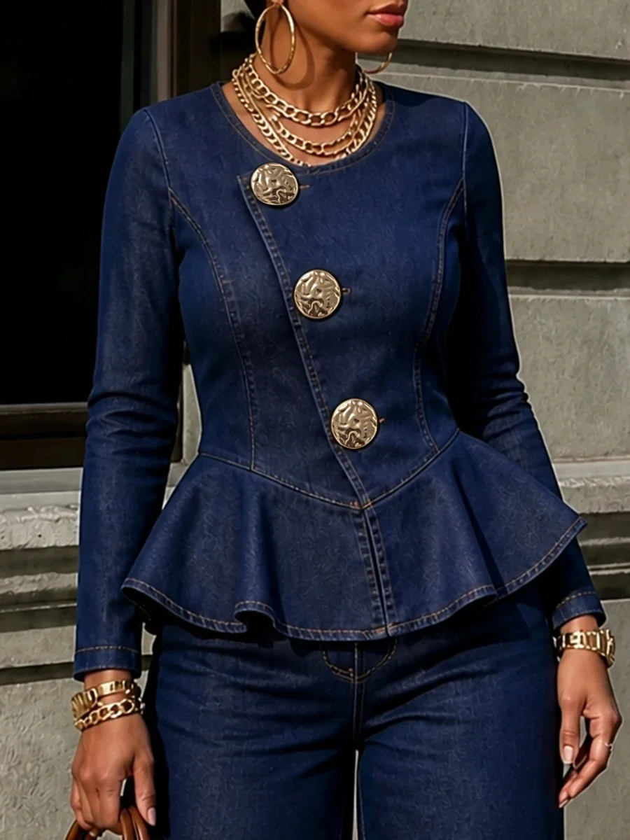 Modigirl Women Denim Peplum Top Collarless Round Neck Long Sleeve Asymmetric Button Fitted Waist Shirt Elegant Office Blouse